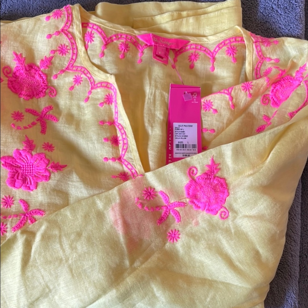 NWT Lilly Pulitzer Cory Linen Tunic SZ L Calla Yellow - Picture 3 of 4